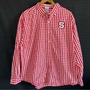 NC State Red White Gingham Plaid Embroidered Long Sleeve Button Up Shirt Mens XL
